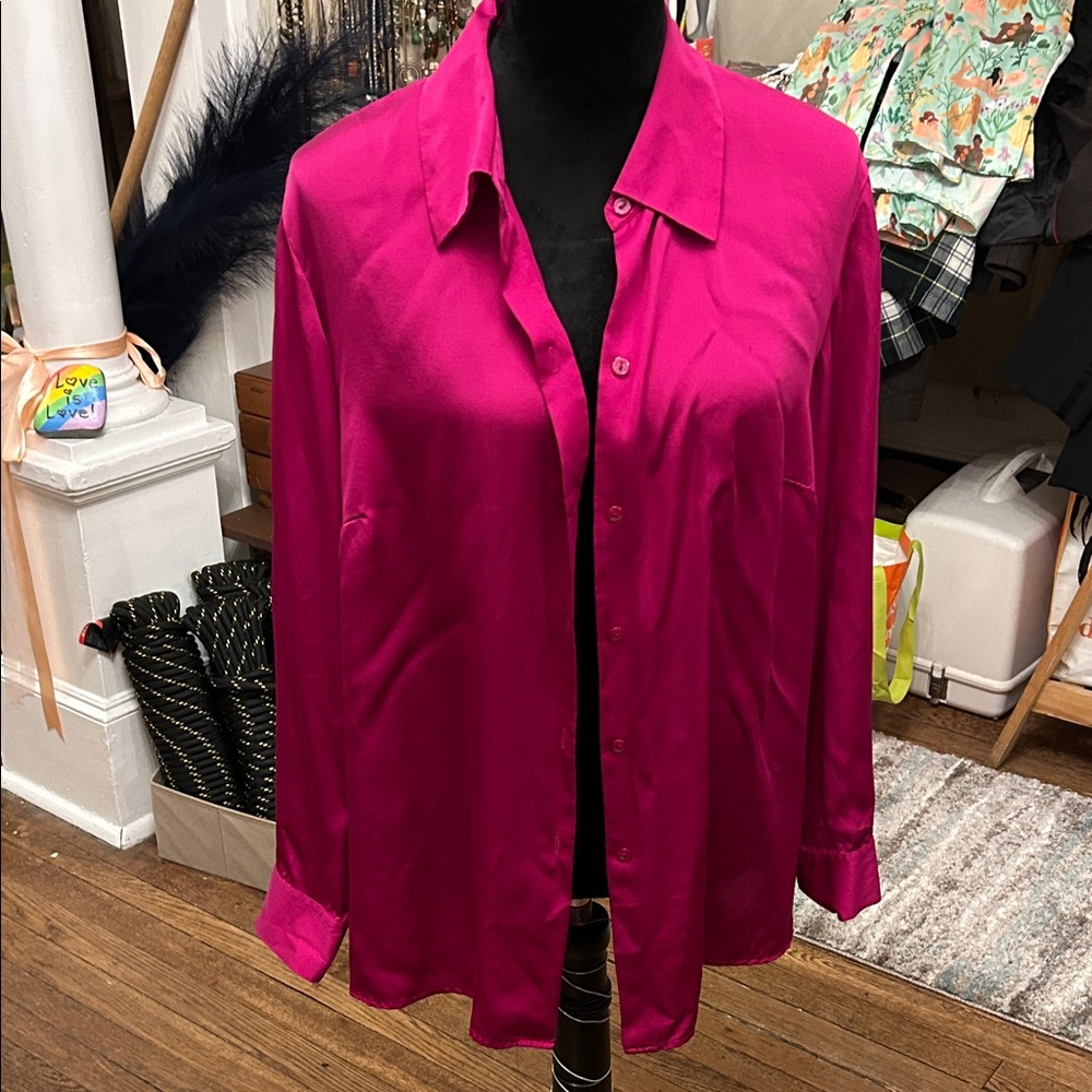 100% Silk Style & Co. Magenta Button-Down Blouse